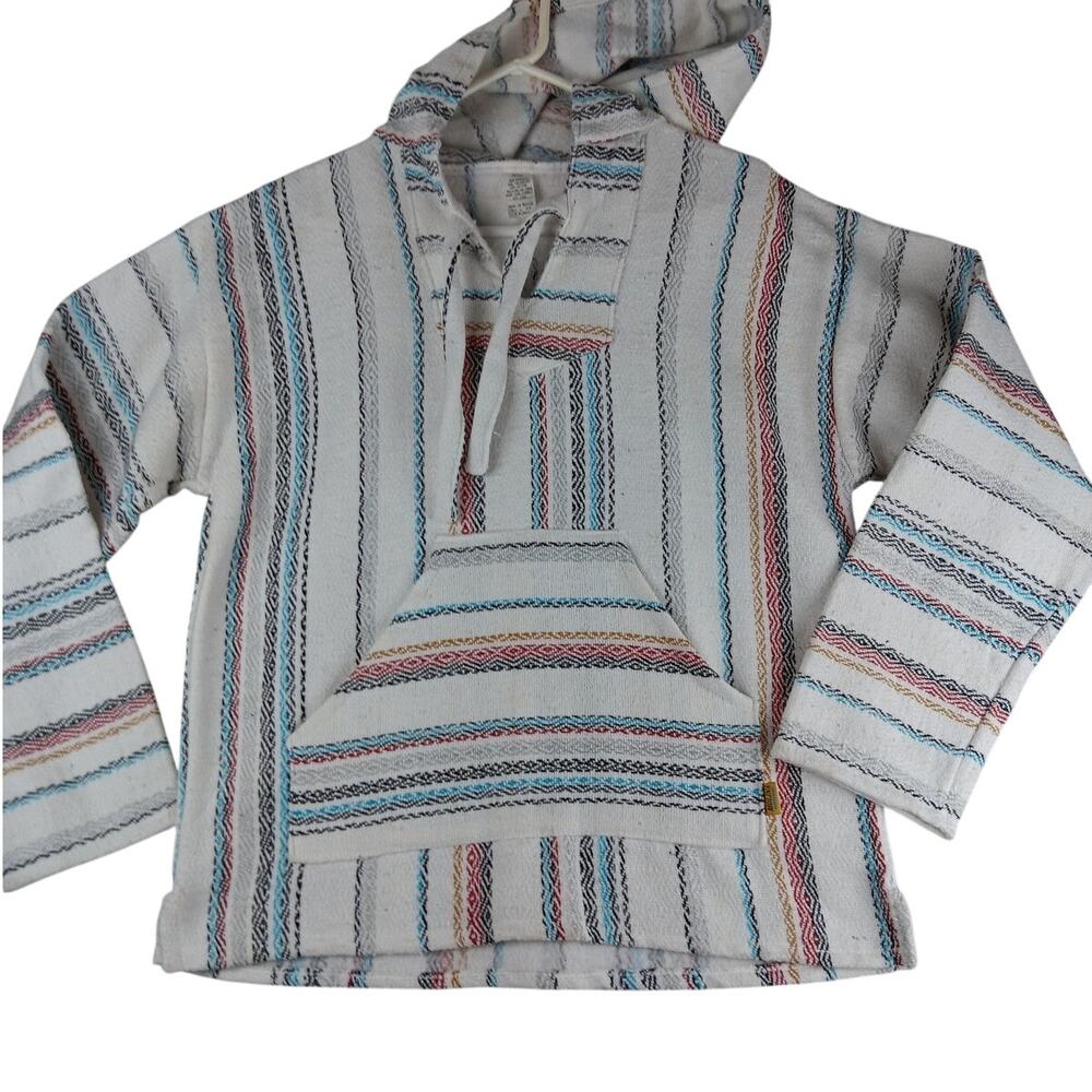 Molina Mexico Baja Hoodie‎ Mens Large White Stripped Knit Drawstring Casual